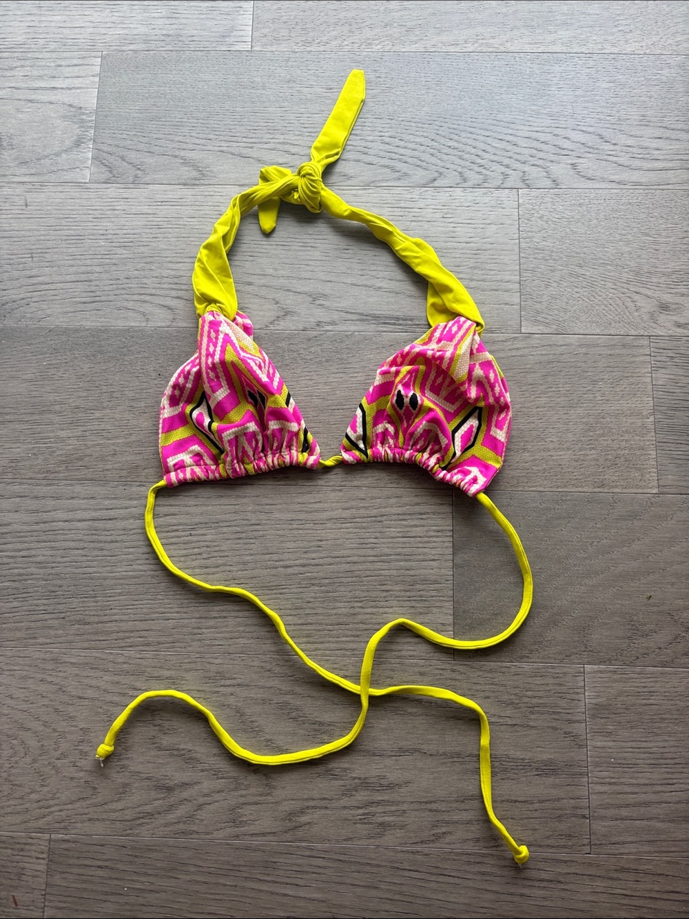 l*space Pink Patterned Halter Bikini Top with Yellow Ties